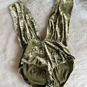 Olive Green Velvet Plunge Bodysuit